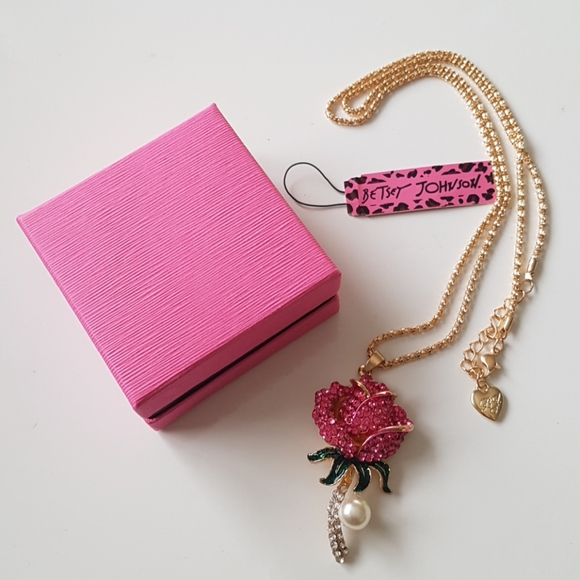 Betsey Johnson Style Necklace Crystal Rose Pendant Chain with Pearl - Picture 2 of 15
